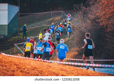 Group Of Professional Cross Country Athletes Running In Competition In Autumn Nature. Sport Or Orienteering Run Concept