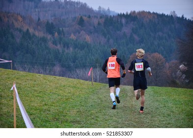 Group Of Professional Cross Country Athletes Running In Competition In Autumn Nature. Sport Or Orienteering Run Concept