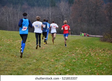 Group Of Professional Cross Country Athletes Running In Competition In Autumn Nature. Sport Or Orienteering Run Concept