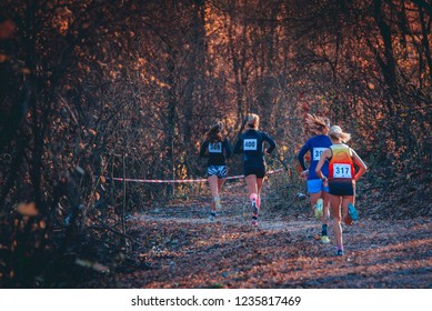 Group Of Professional Cross Country Female Athletes Running In Competition In Autumn Nature. Sport Or Orienteering Run Concept