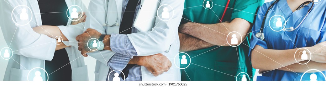 Group Of Professional Doctor Surgeon And Nurse In Meeting With Graphic People Network Team On White Background, Healthcare And Medical Technology Concept