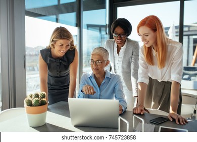 A Group Of Professional Women Working Together On A Project In Their Office.