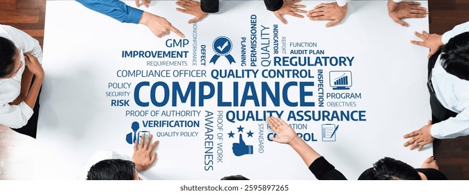 A group of professionals engaged in a collaborative discussion about compliance and quality assurance strategies, emphasizing teamwork and regulatory requirements in a corporate environment. Amity