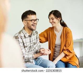 Group psychotherapy. Persons sitting in circle and talking. People meeting. Psychotherapy training, business lecture or conference. Man woman support group - Shutterstock ID 2231303815
