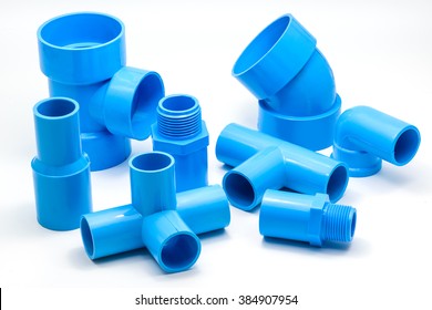 Group Of PVC Pipe Connections And Pipe Clip Isolated On White Background