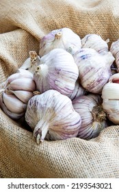 Group Of Raw Organic Garlic Bulbs In A Bowl On Sackcloth. Allium Sativum. Useful As A Background For Cooking Blogs. Healthy Cooking Ingredient From Organic Agriculture. Vertical View.