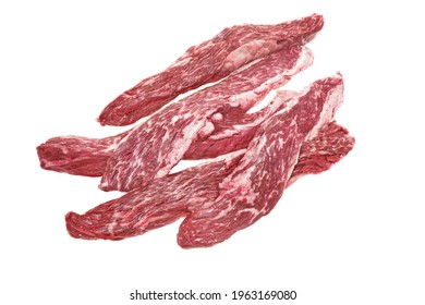 Group Of Raw Tenderloin Beef Steaks Or Skirt Steak Isolated On White Background, Overhead View. Set Of Beef Steaks For Grilling Or Frying. Uncooked Machete Steak Or Bavet Steak On White Background.