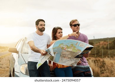 Group, reading map and travel on road trip, vacation and planning holiday for navigation by car transport. Friends, people and direction guide for journey, adventure and pointing to location outdoor - Powered by Shutterstock