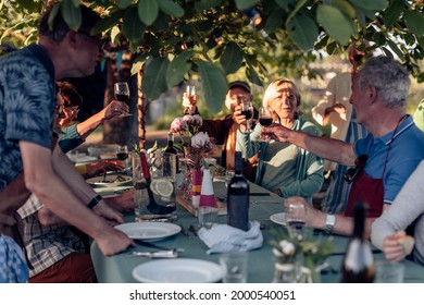 Group Of Real Senior People Toasting Sitting At Table Outdoors In The Backyard - Old Friends Having Fun In Real Life