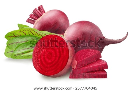 Group of red beetroot and beetroot slices isolated on white background. File contains clipping paths.