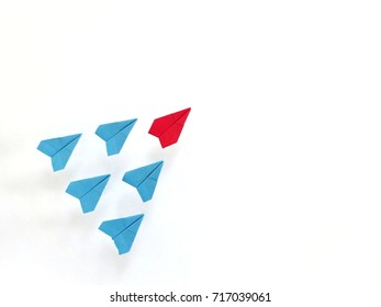 Group Of Red And Blue Paper Plane On White Background.