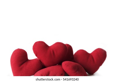 Group Of Red Heart Pillow On White Background,  For Christmas, Happy New Year Celebration, Valentine Day, Warm Feeling By Sending The Messages To Someone The Best Wishes, And Love