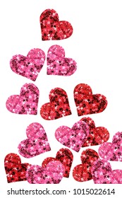 Group of red and pink glitter hearts isolated over white