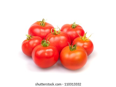 a group of red tomatoes on white background