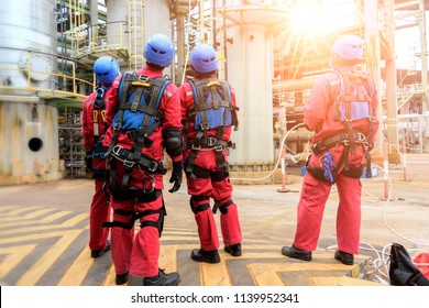 Group Of Rescue Fireman Team With Safety Equipment ,harness And Safety Belts,Rescue Concept.