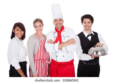Group Of Restaurant Chef And Waiters. Isolated On White
