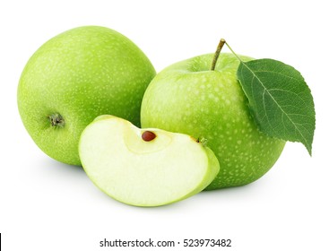 Group of ripe green apples with green apple leaf and green apple slice isolated on white background. Green apples and apple cut with clipping path