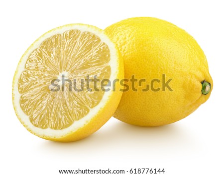 Group of ripe whole yellow lemon citrus fruit with lemon fruit half isolated on white background with clipping path