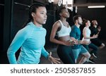 Group, running and cardio training or fitness, exercise and gym class, club or team workout for challenge. People, personal trainer or friends collaboration for weight loss, endurance and health