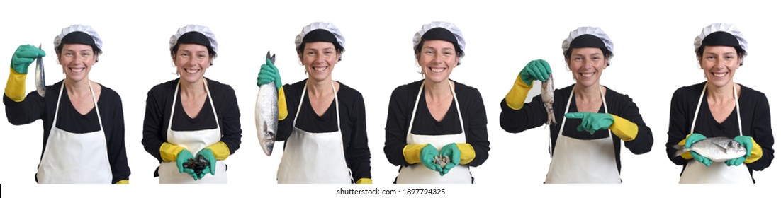group of the same fishmonger with various fish and seafood on white background