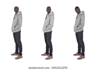group of same man looking up, looking at camera,look down on white background