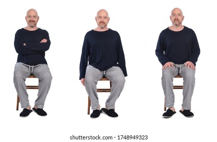 Group Of Same Man In Pajamas Sitting O A Chair On White Background, Front View