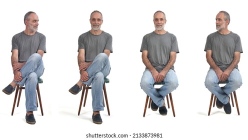 Group Of Same Man Sitting On A Chair On White Background