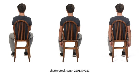 Group Of Same Teen Sitting On Back View On White Background