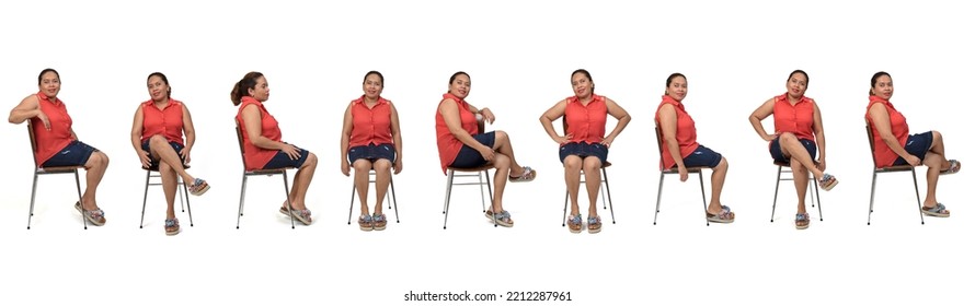 Group Of Same Woman Sitting On Chair On White Background