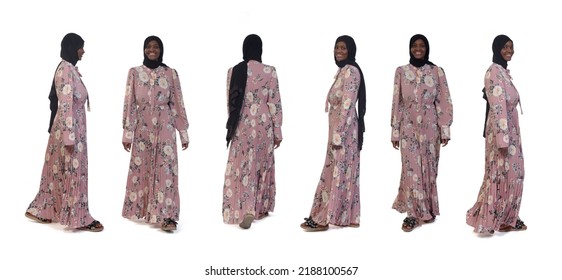 Group Of Same Woman Various Poses Walking On White Background