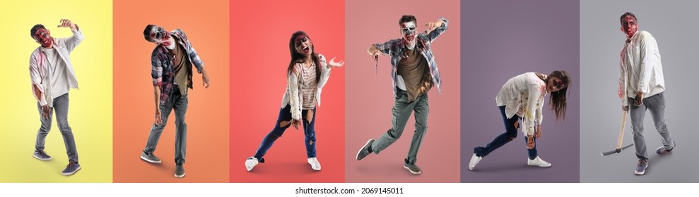 Group of scary zombies on color background