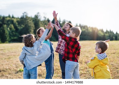 Group Of School Children Standing On Field Trip In Nature, Giving High Five.