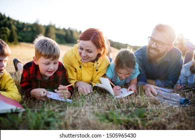 Group Of School Children With Teacher On Field Trip In Nature.