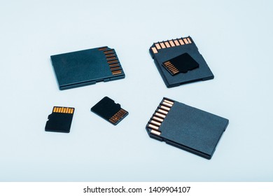 A group of SD and micro SD memory cards isolated on white background