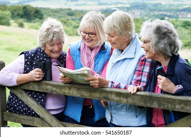 Group Of Senior Female Friends Hiking In Countryside