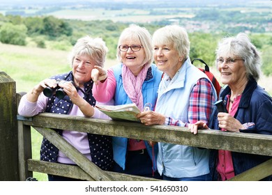 Group Of Senior Female Friends Hiking In Countryside