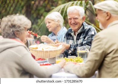 Group Of Senior Friends Eating Grilled  Food At The Garden Party