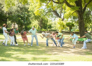 Group Of Senior Indian People Playing Tug War Outdoor In summer Park. Retirement life. - Powered by Shutterstock