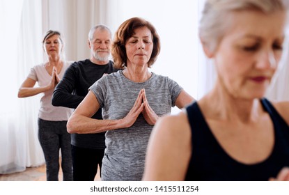 Group Of Senior People Doing Exercise In Community Center Club.