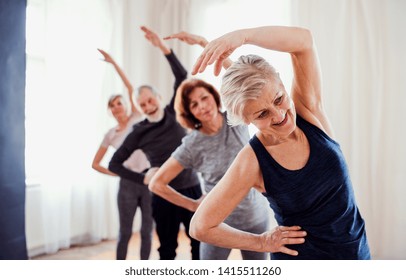 Group Of Senior People Doing Exercise In Community Center Club.