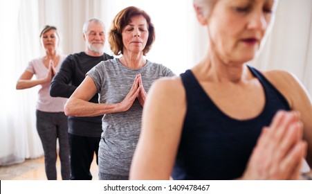 Group Of Senior People Doing Yoga Exercise In Community Center Club.