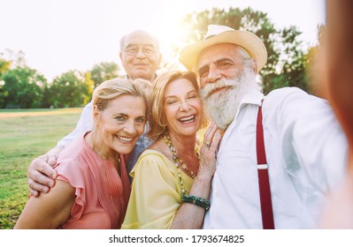 Group Of Seniors Making A Picnic At The Park And Having Fun. Taking Selfies With Friends