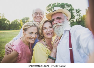 Group Of Seniors Making A Picnic At The Park And Having Fun. Taking Selfies With Friends