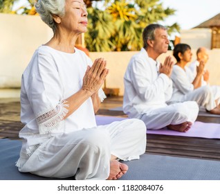 Group Of Seniors Practicing Yoga In The Morning