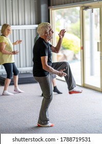 Group Of Seniors In Tai Chi Class Exercising In An Active Retirement Lifestyle. Mental And Physical Health Benefits Of Exercise And Fitness In Elderly People. Senior Health Care And Wellbeing Concept.