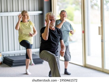 Group Of Seniors In Tai Chi Class Exercising In An Active Retirement Lifestyle. Mental And Physical Health Benefits Of Exercise And Fitness In Elderly People. Senior Health Care And Wellbeing Concept.