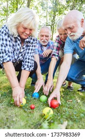 Group Seniors Together Checking The Location Of Bocce Balls On The Grass