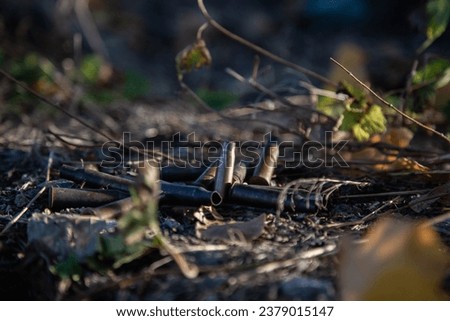 A group of several shell casings from machine gun tape are scattered in the grass