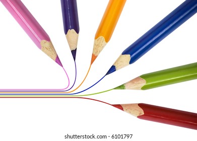 Group of sharp pencils different colors pointing inside of the circle. Isolated on white background.
