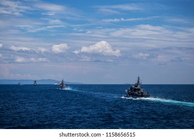 Group Of Ships During Training In The Black Sea.Bulgaria/07.19.2018/Military Ships On Water. Editorial Used Only.a Parade Of Warships Against The Background Of A Beautiful Sky.